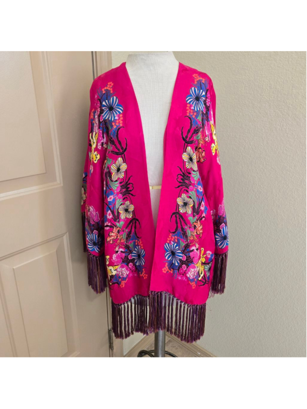 Etro Pink Floral Fringe Silk Kimono Shrug one size - Picture 4 of 16